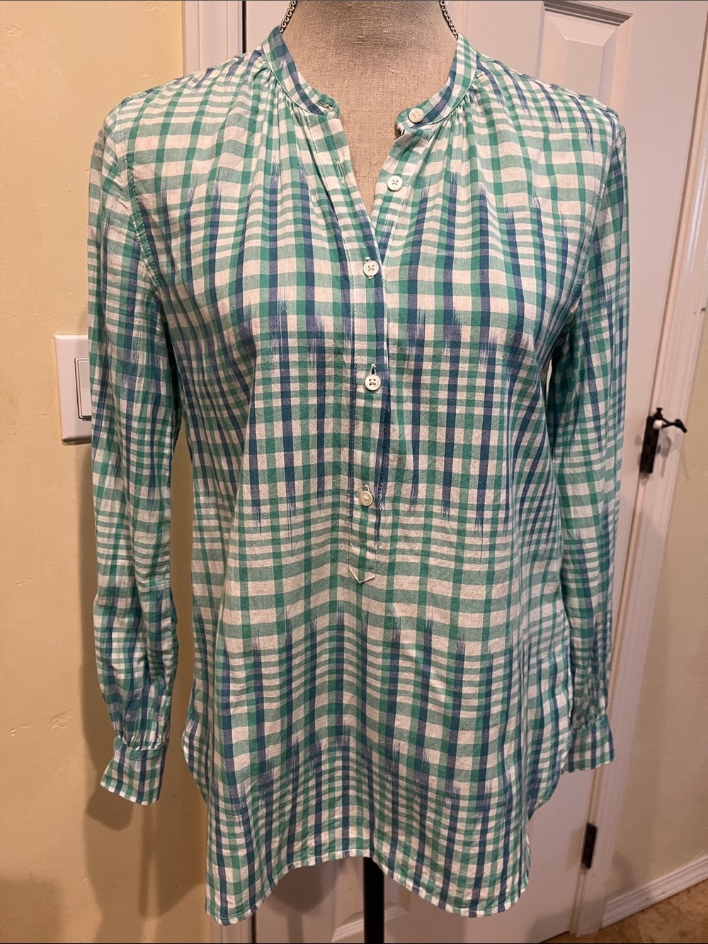 J. Crew Green, Blue, and White Plaid Cotton Button-Front Shirt